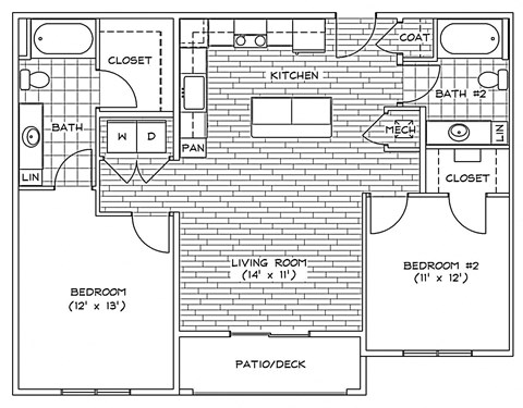 Floor plan for 2 beds, 2 baths, 1038 sqft